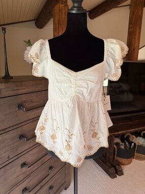 White Embroidered Puff-Sleeve Peplum Top